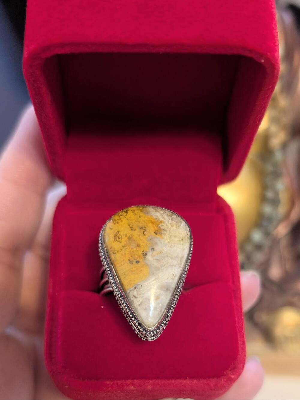 Vintage Bumblebee Jasper Teardrop Sterling Silver Ring Size 9.5